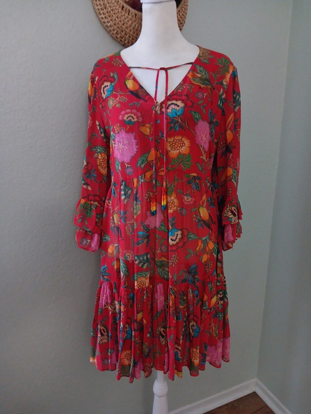 FARM Rio For Anthropologie Toucan Red Floral Tie-Neck Tiered Long Sleeve Dress